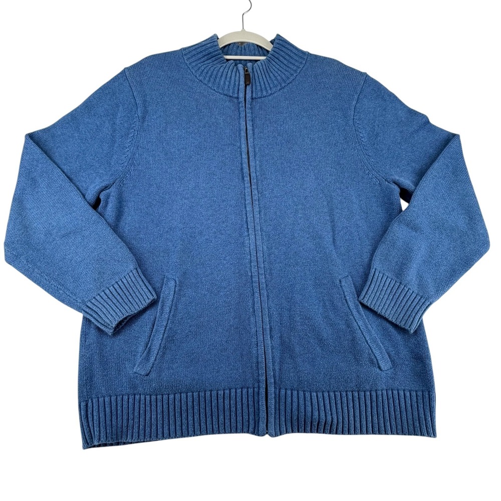 LL Bean Mock Neck Full Zip Cardigan Sweater 100% Cotton Mens Large Blue Preppy